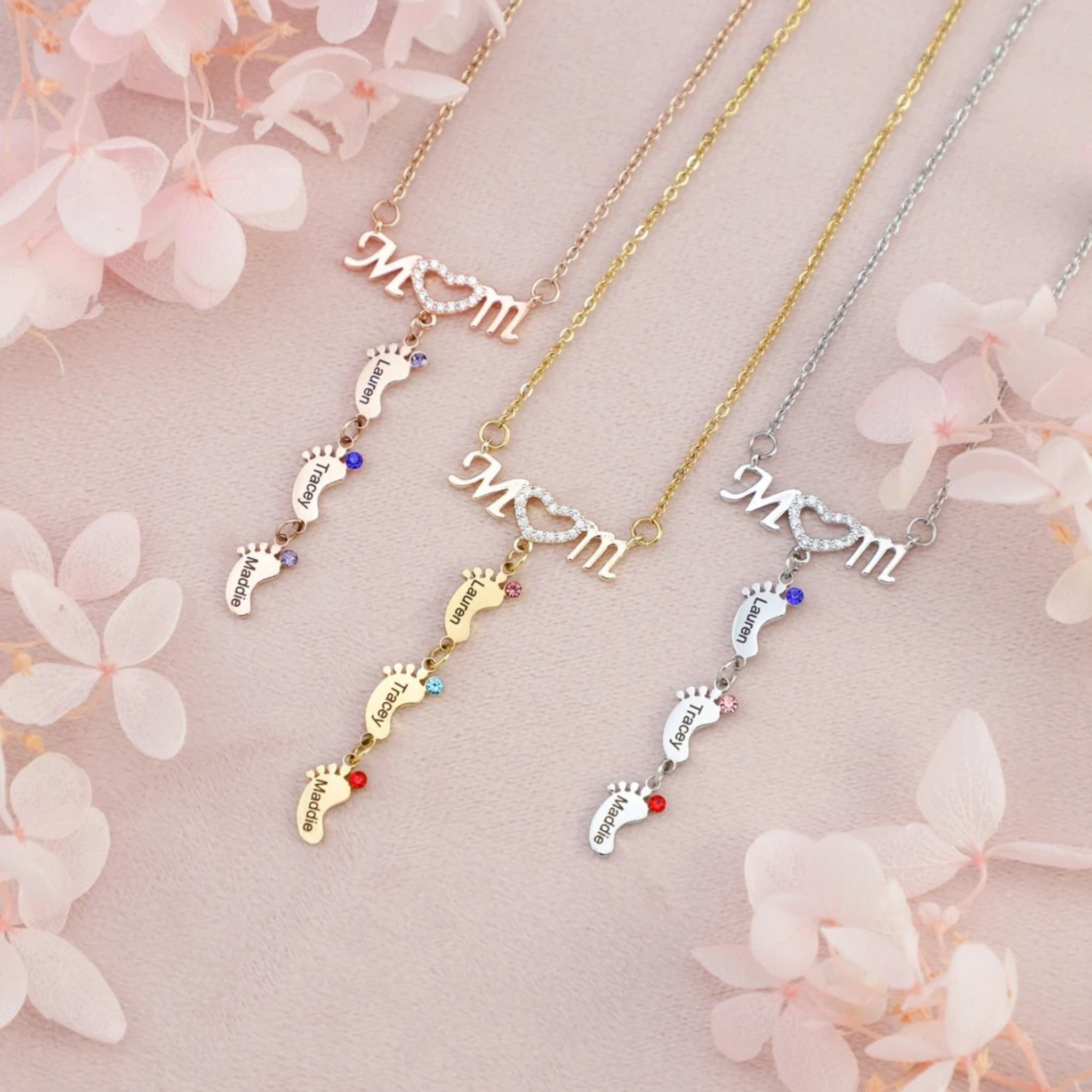 Mom Footprint & Birthstone Drop Necklace