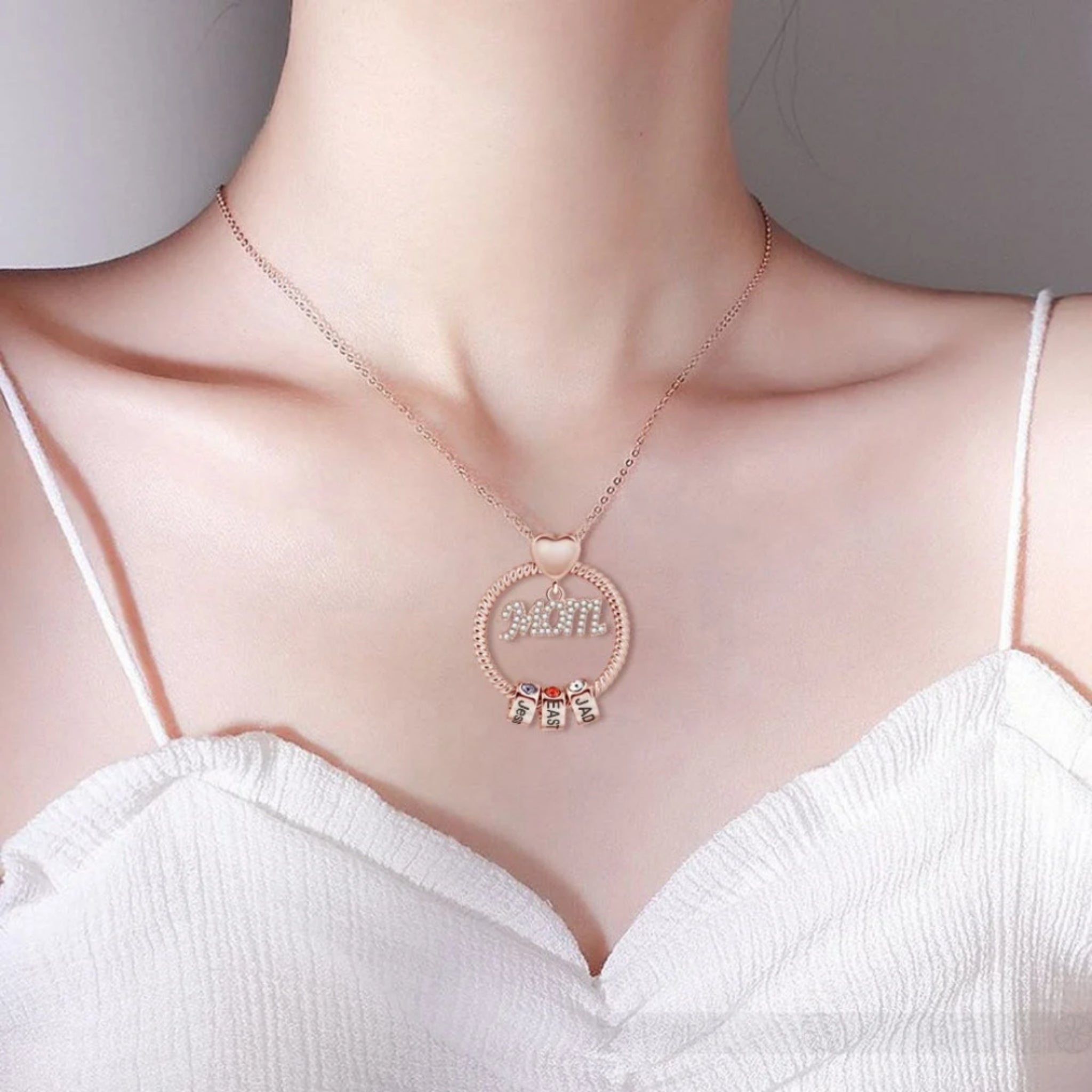 Mom Ring Pendant with Engraved Birthstone Charms