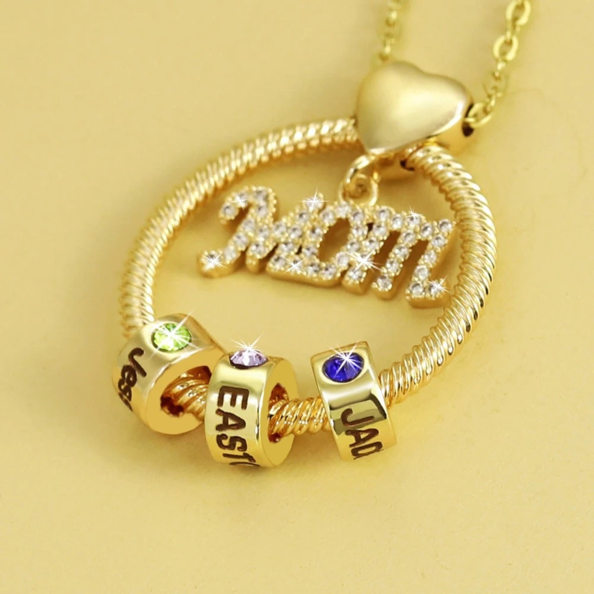 Mom Ring Pendant with Engraved Birthstone Charms