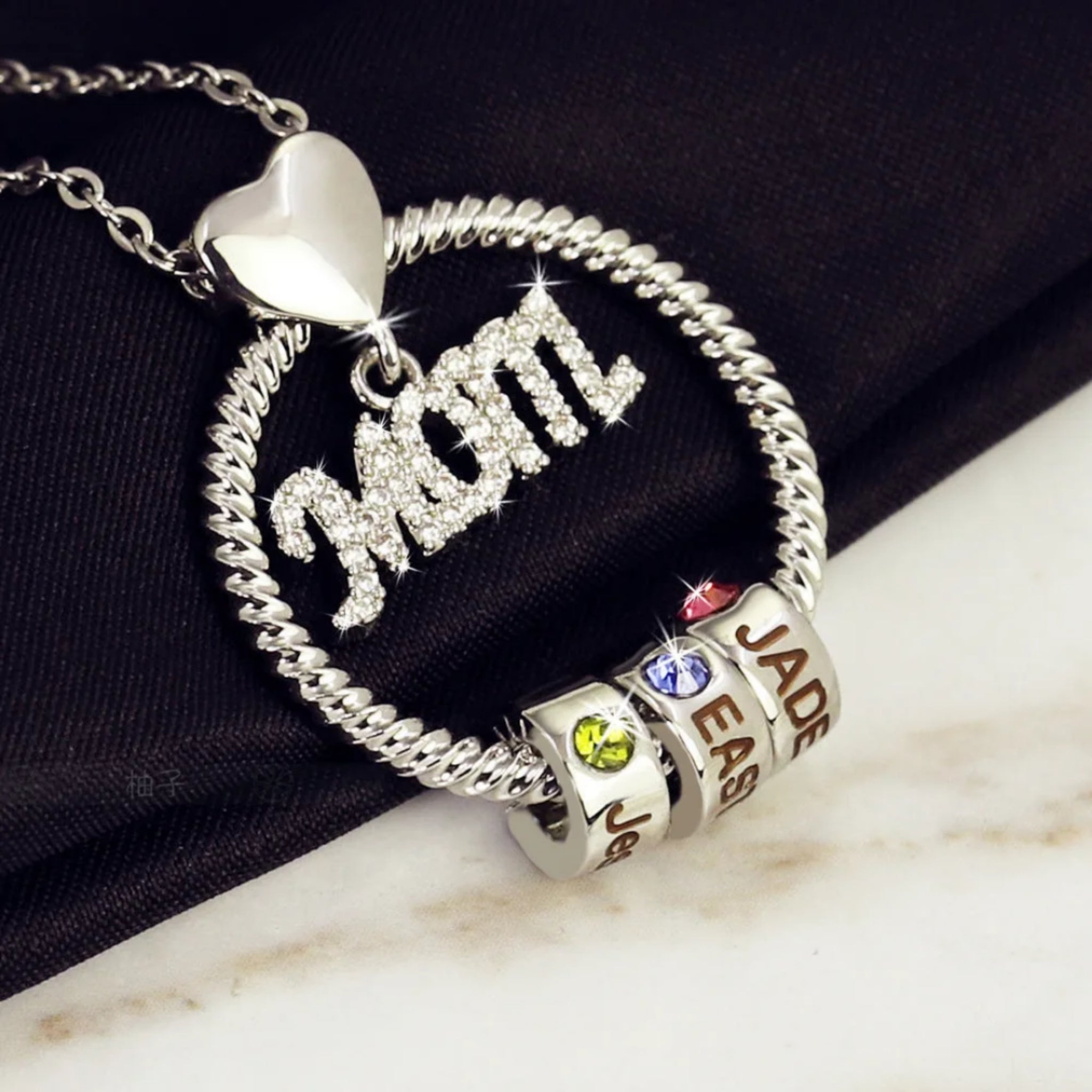 Mom Ring Pendant with Engraved Birthstone Charms