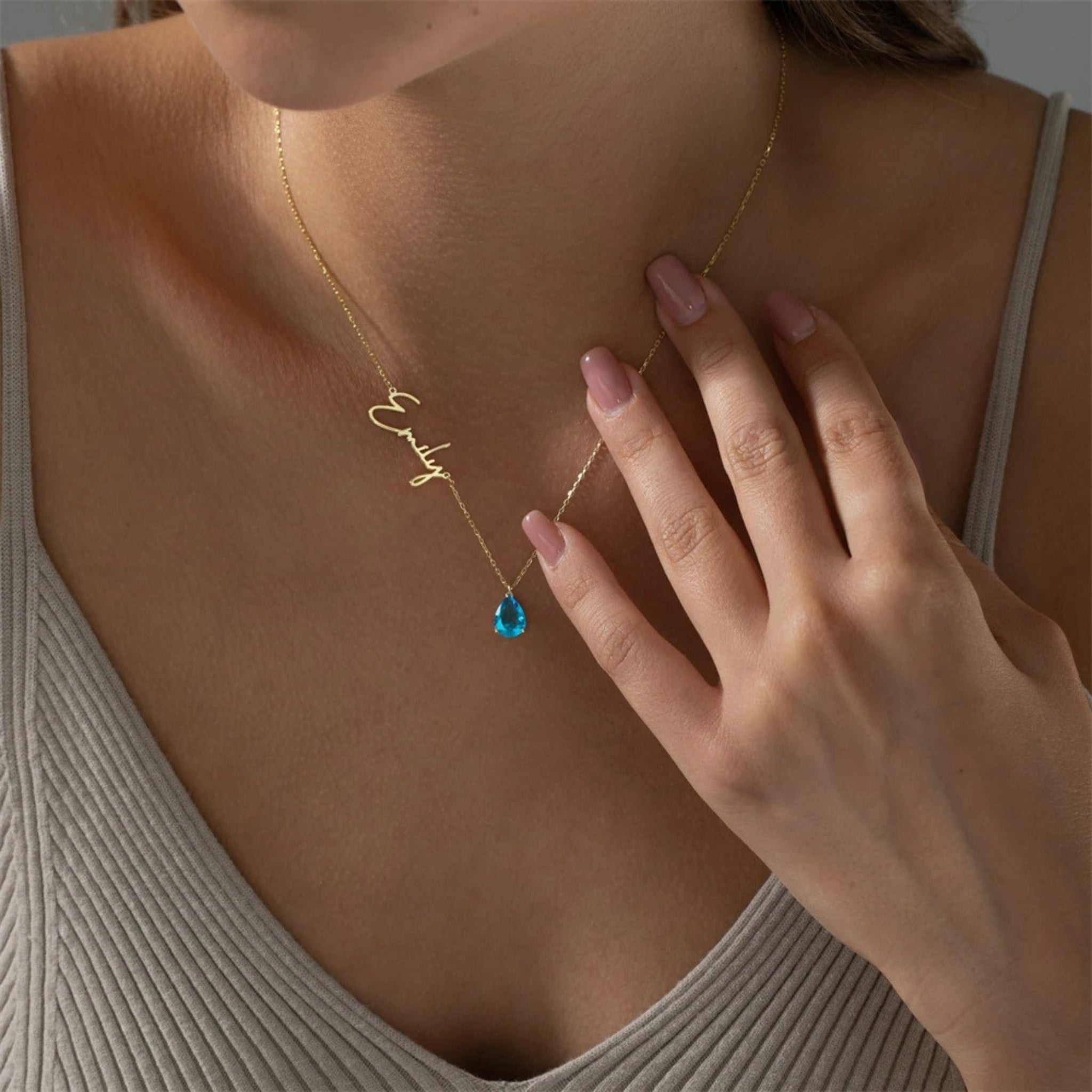 Teardrop Birthstone Name Necklace