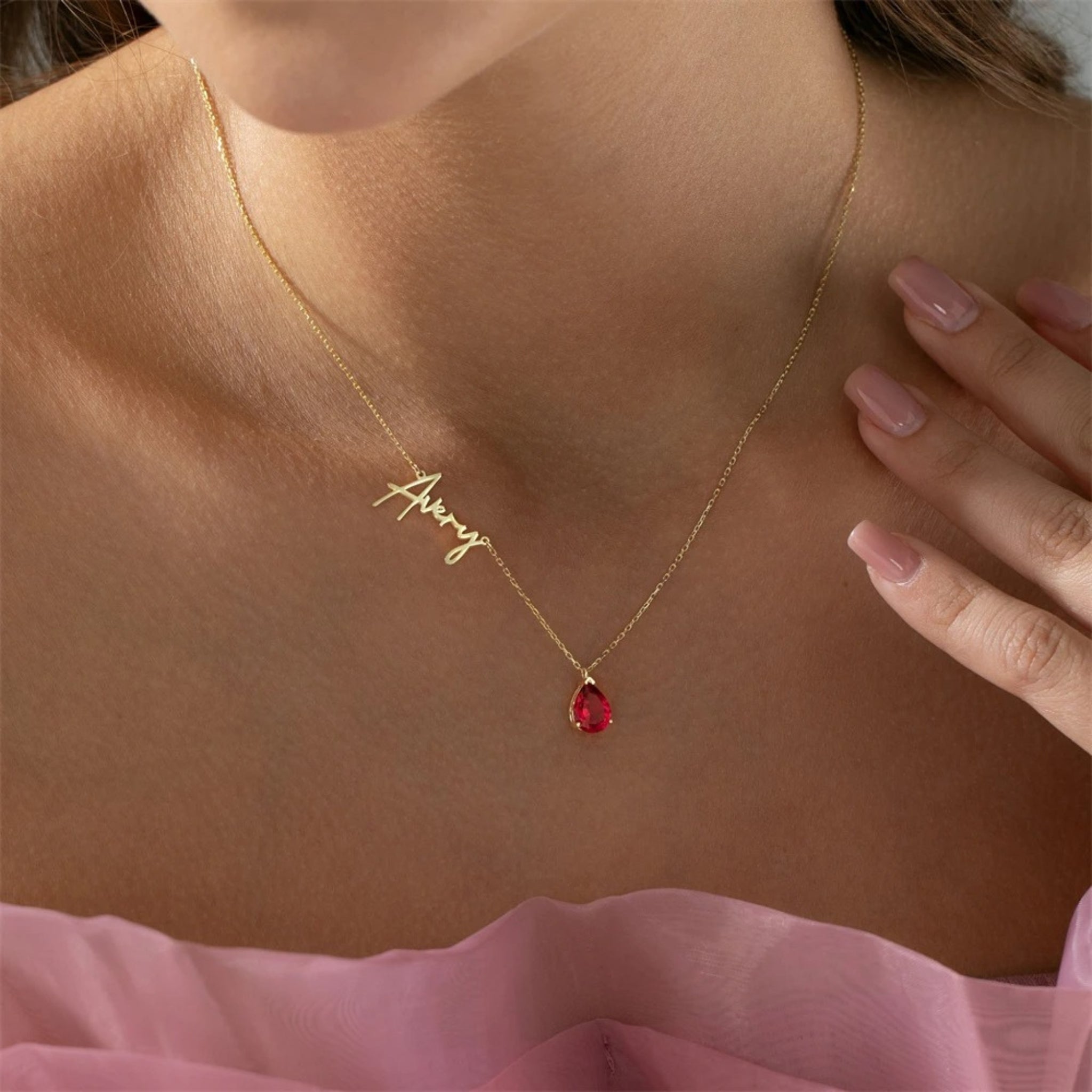 Teardrop Birthstone Name Necklace