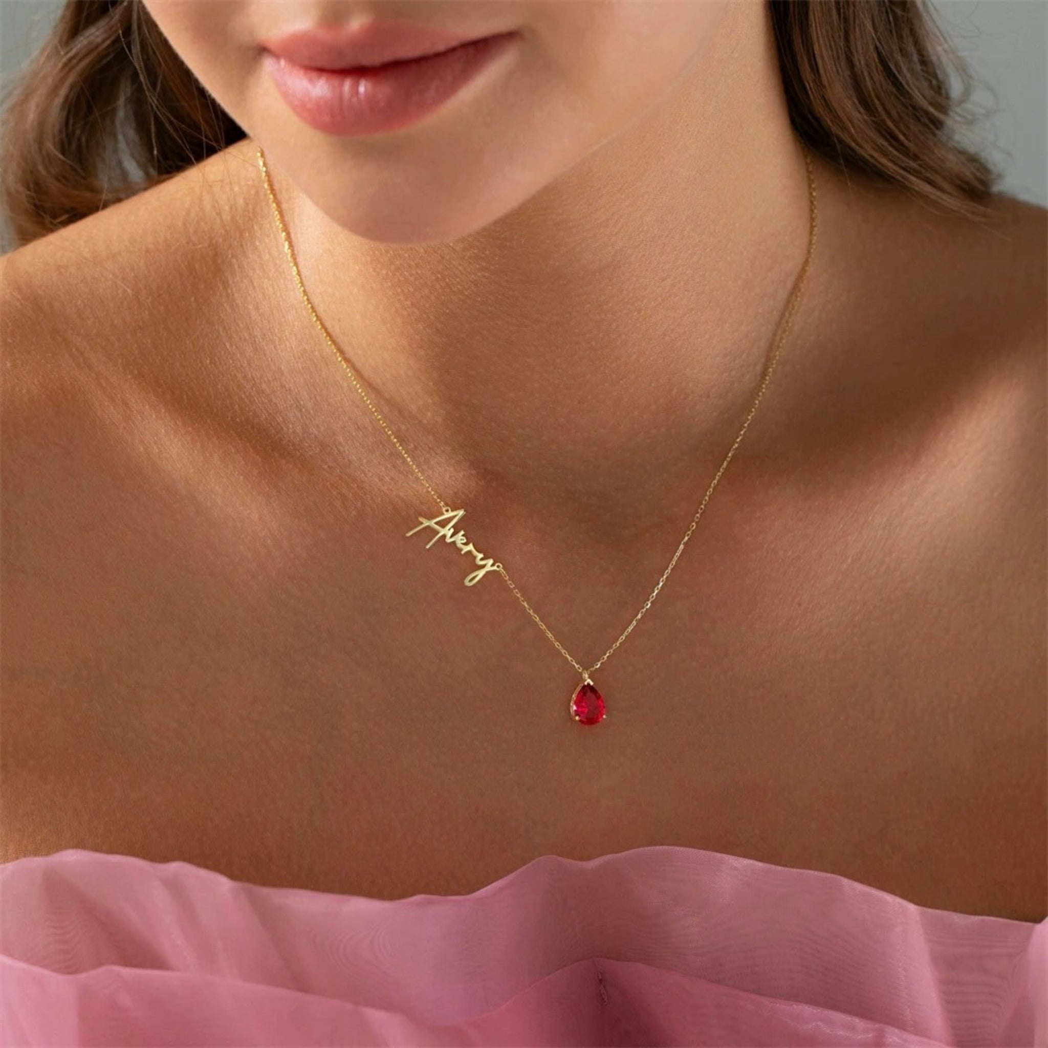 Teardrop Birthstone Name Necklace
