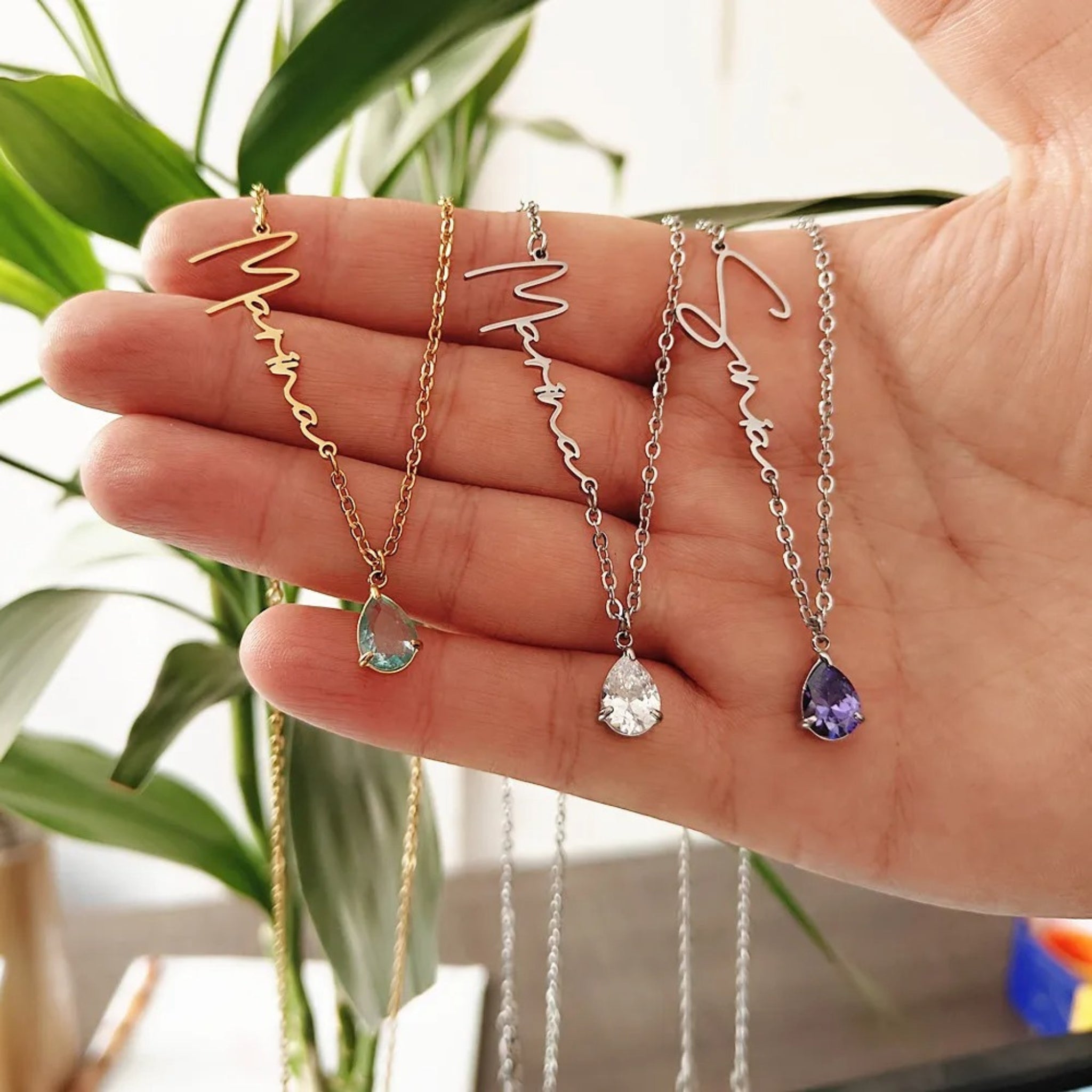 Teardrop Birthstone Name Necklace