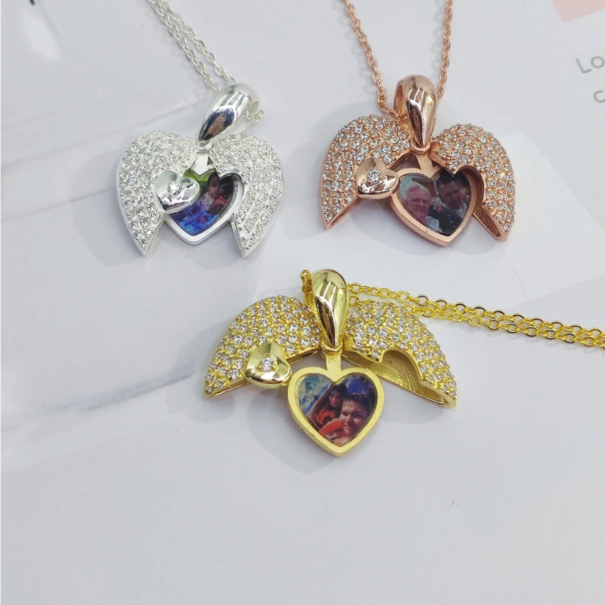 Sparkling Angel Wing Heart Necklace with Photo