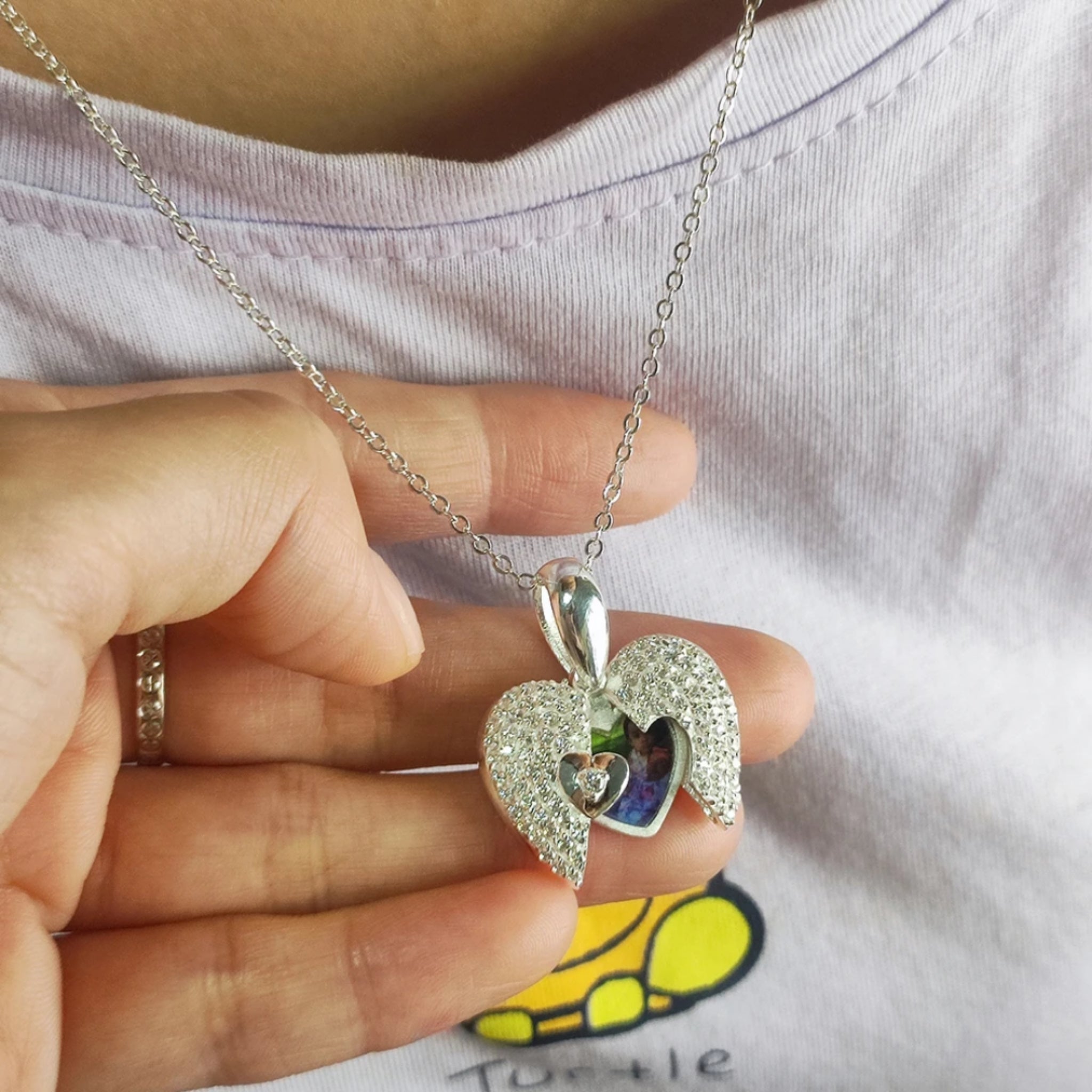Sparkling Angel Wing Heart Necklace with Photo