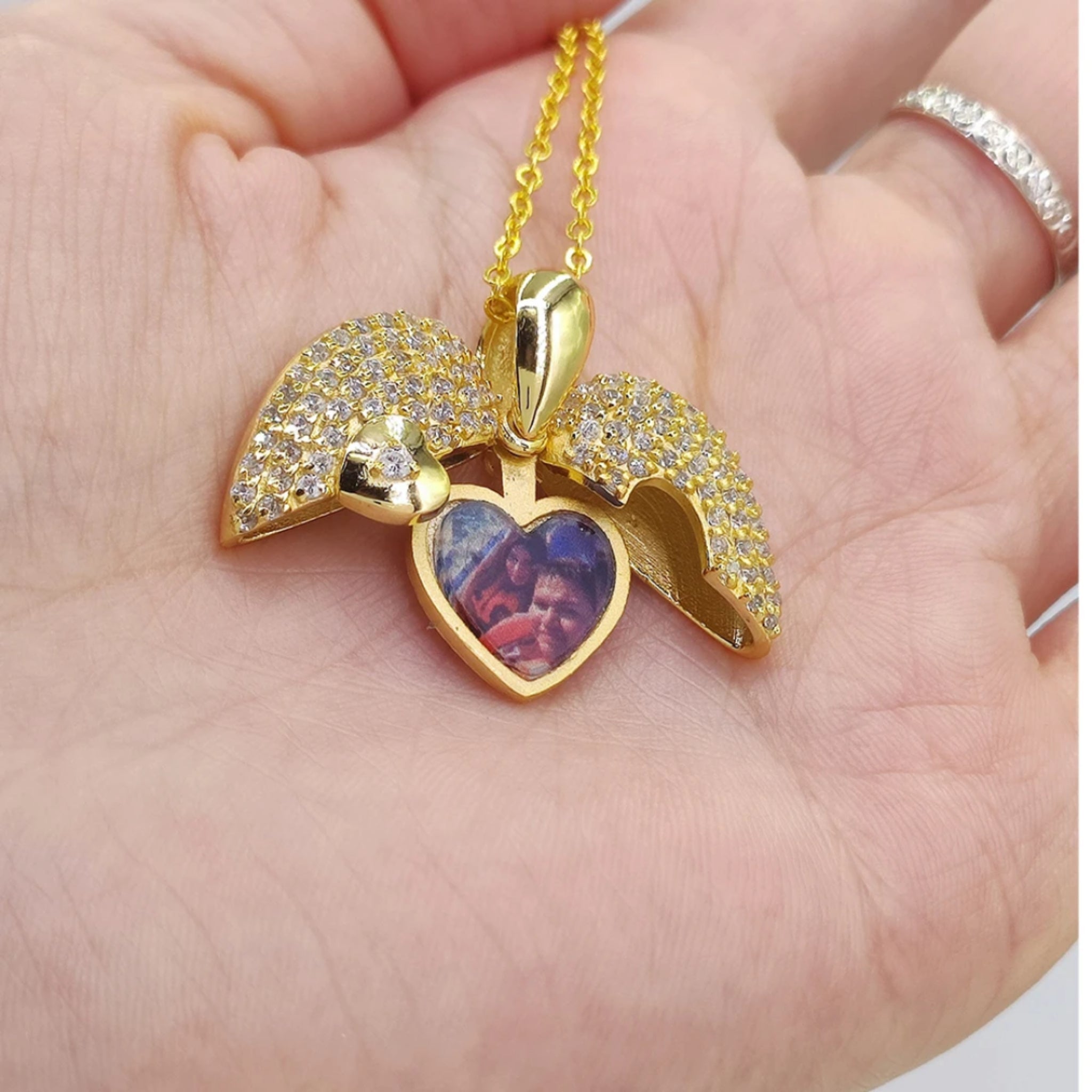 Sparkling Angel Wing Heart Necklace with Photo